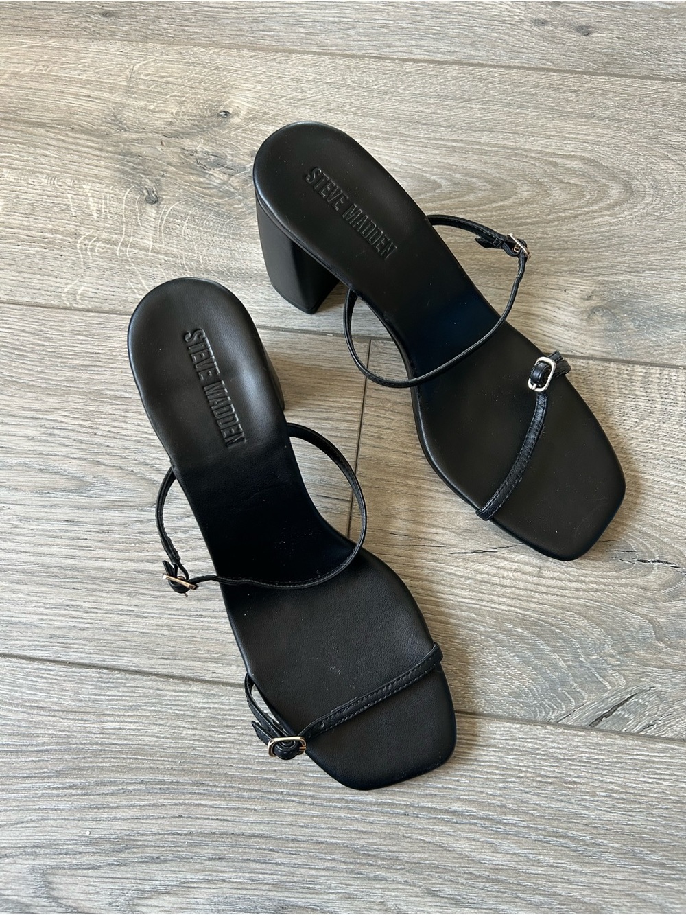 Steve Madden Mariette Black Leather Strappy Block Heel Sandals Size 9